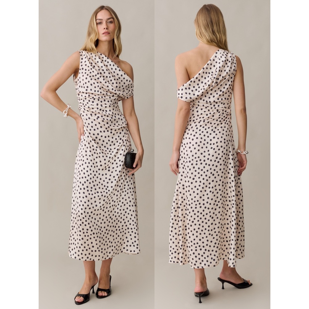 NWT o.p.t Verity Satin Off The Shoulder Midi Dress in Cream Polka Dot - Size 10